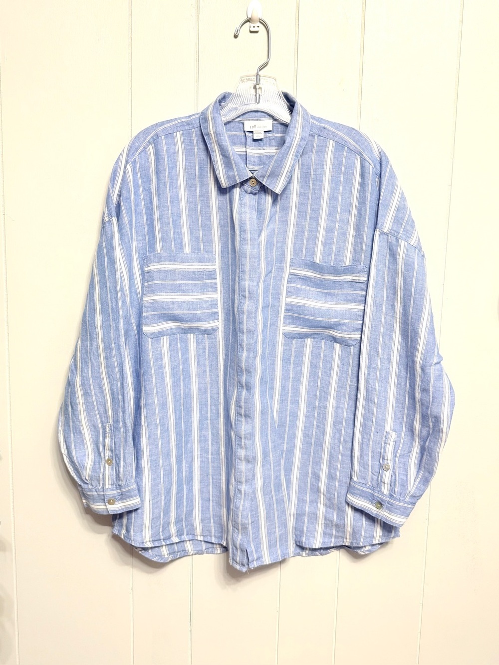 #19)  J. Jill Love Linen Blue and White Striped Linen Shirt